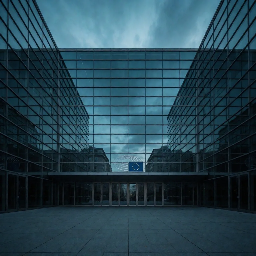 Edificio institucional europeo al atardecer