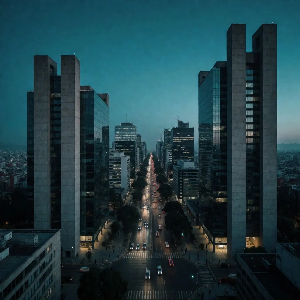 Ciudad de México al anochecer desde una altura arquitectónica