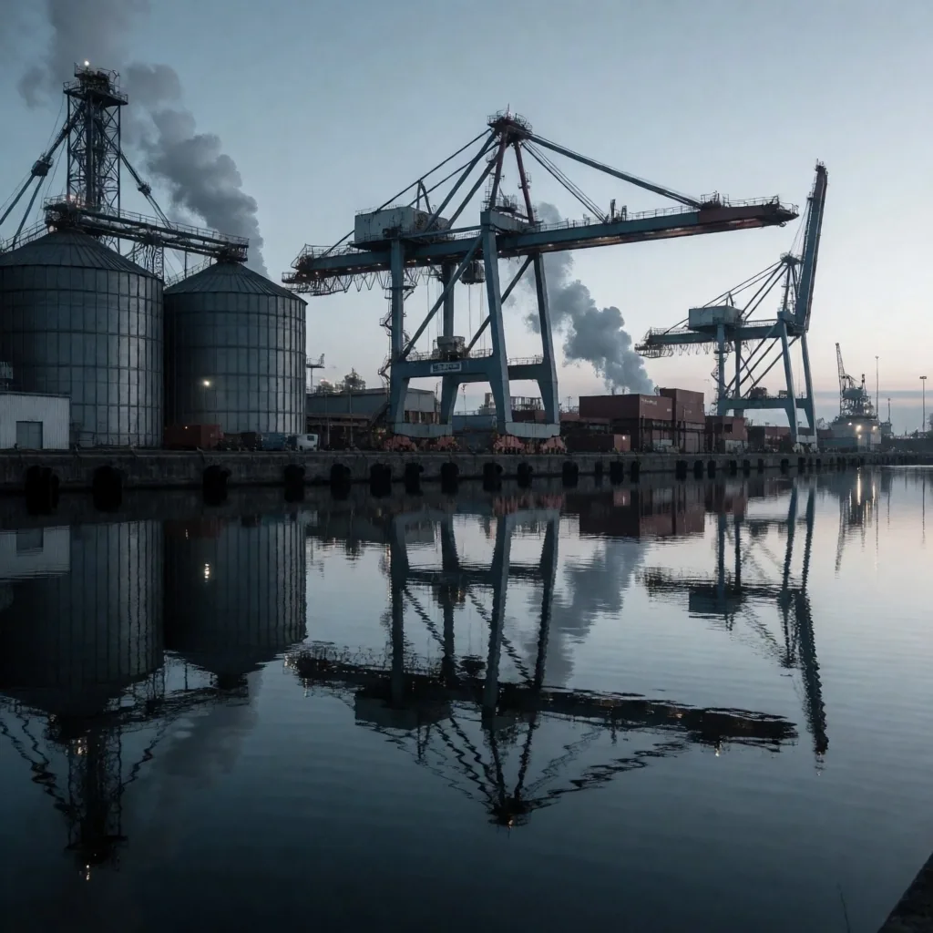 Instalación industrial pesada al amanecer