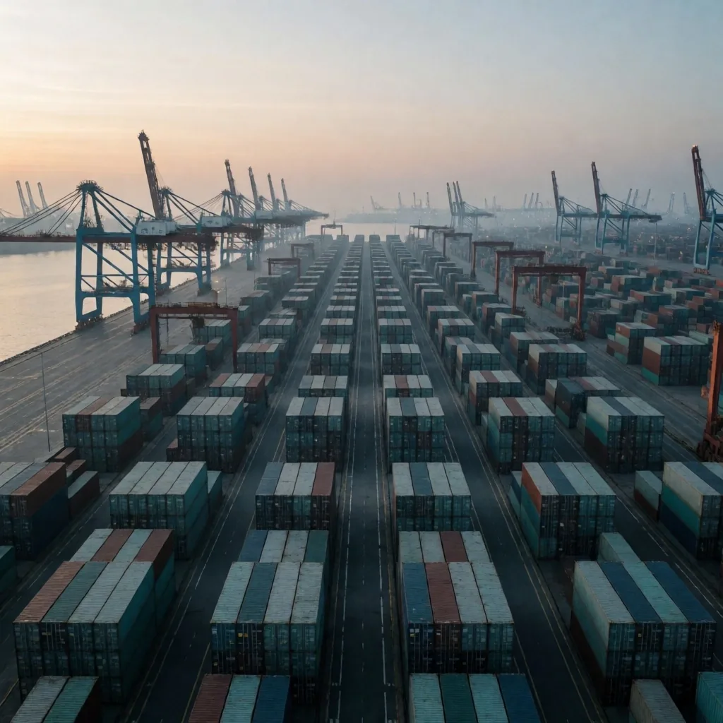 Puerto industrial asiático al amanecer