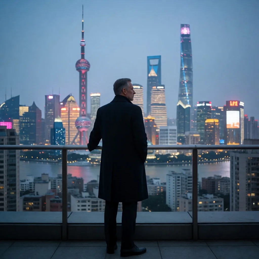 Distrito bancario en China al atardecer