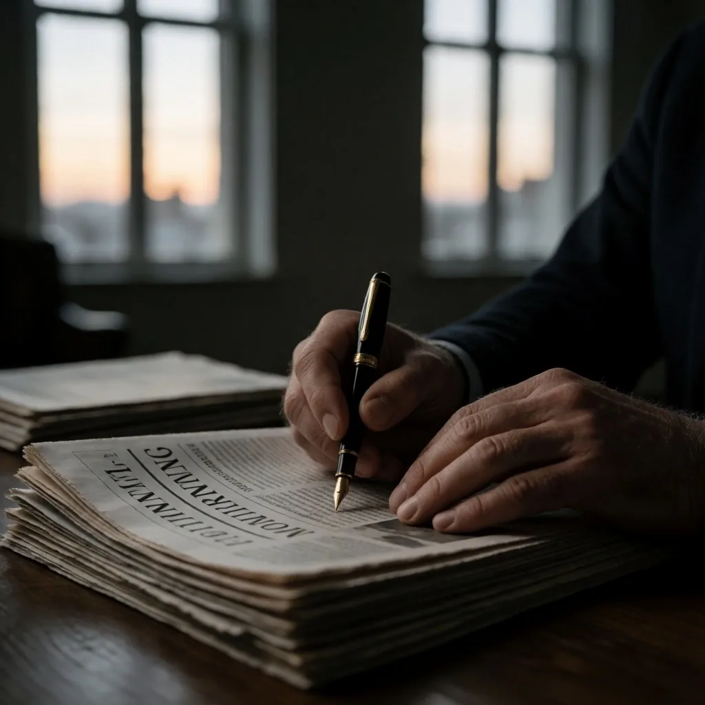 Mesa de trabajo editorial al amanecer con periódico abierto bajo luz azul