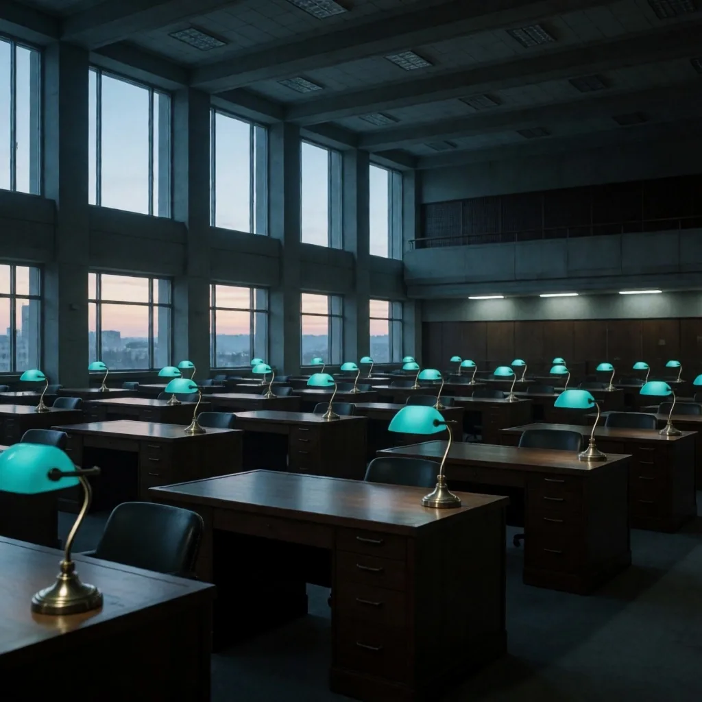 Sala de redacción vacía al amanecer con luz teal