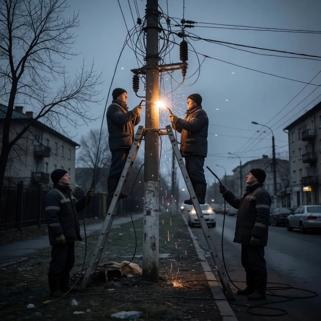 Equipo de ingenieros repara una subestación eléctrica en Kiev al anochecer