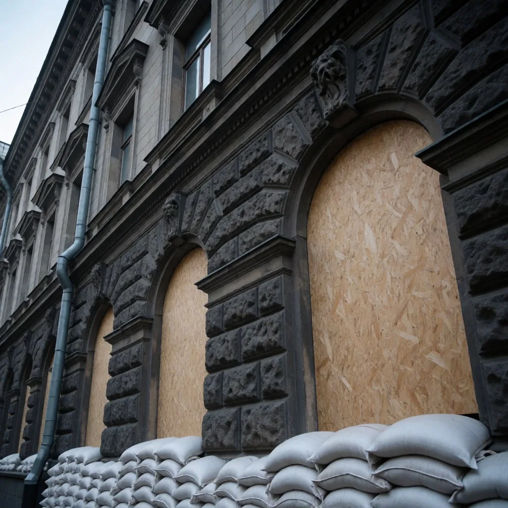 Iglesia histórica de Kiev protegida con barricadas y sacos terreros