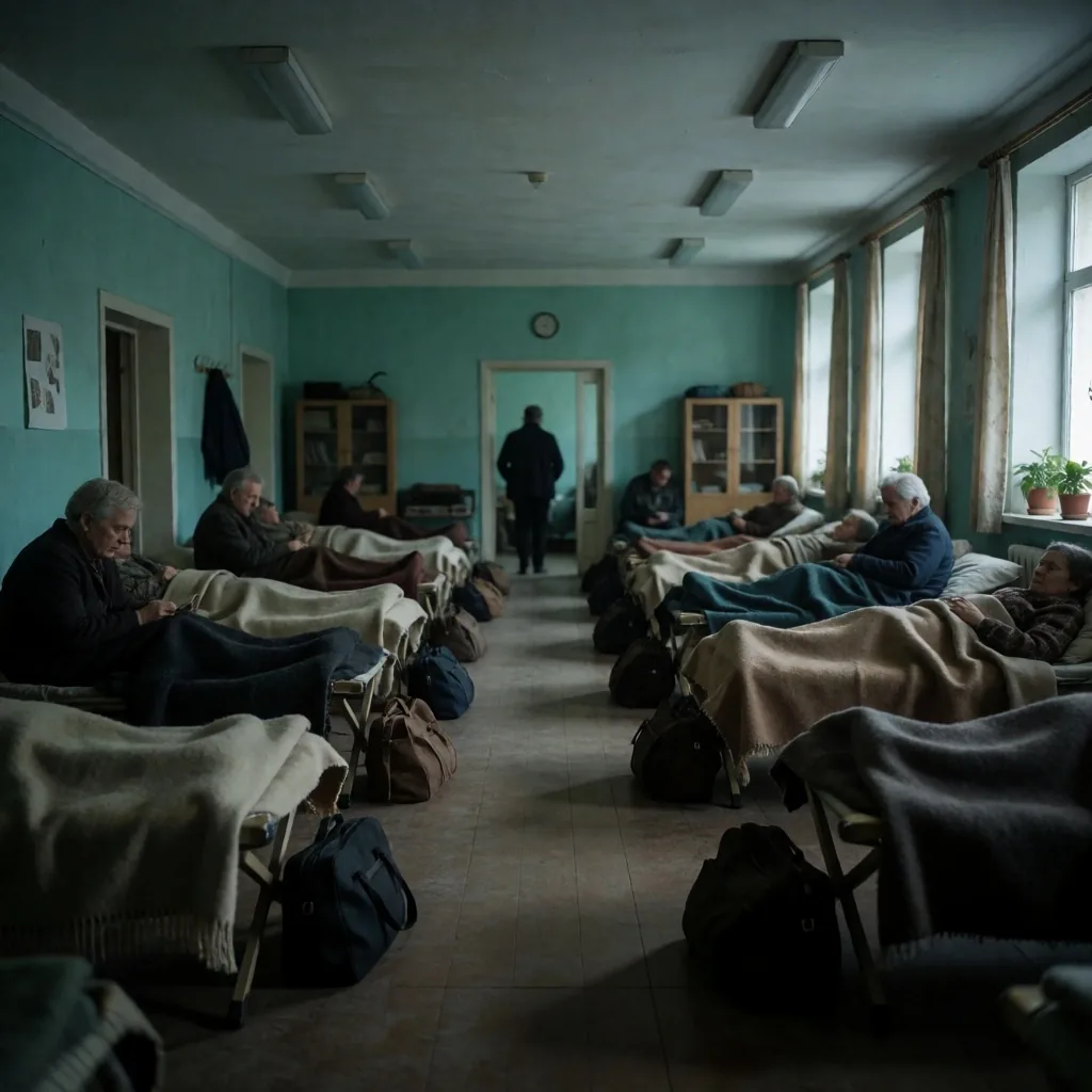 Interior de un refugio temporal en Kiev con personas desplazadas