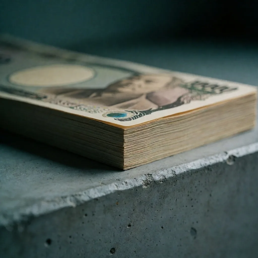 Billetes de yen japonés sobre superficie de concreto