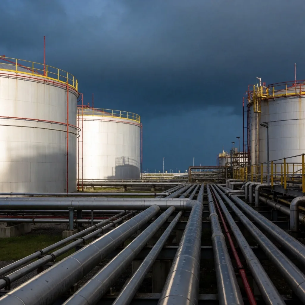 Refinería industrial al anochecer