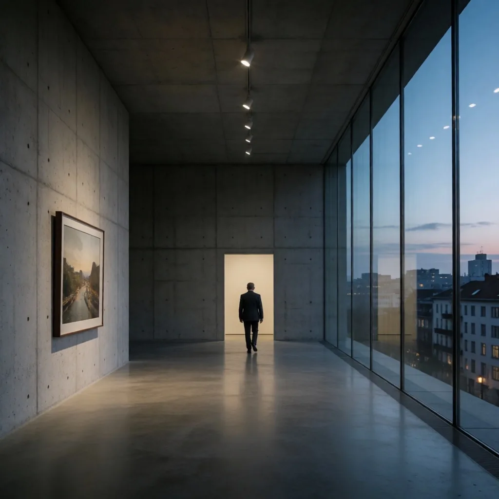 Sala de prensa con arquitectura brutalista al amanecer