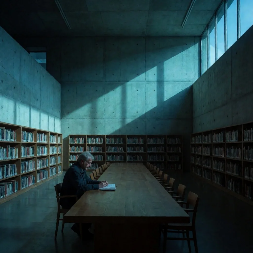 Biblioteca brutalista al amanecer