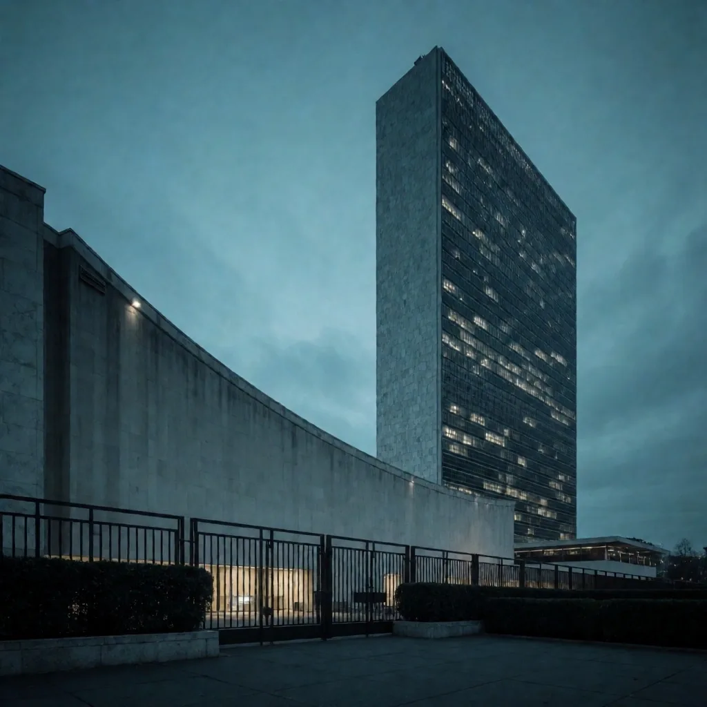 Edificio de la Asamblea General de la ONU al atardecer