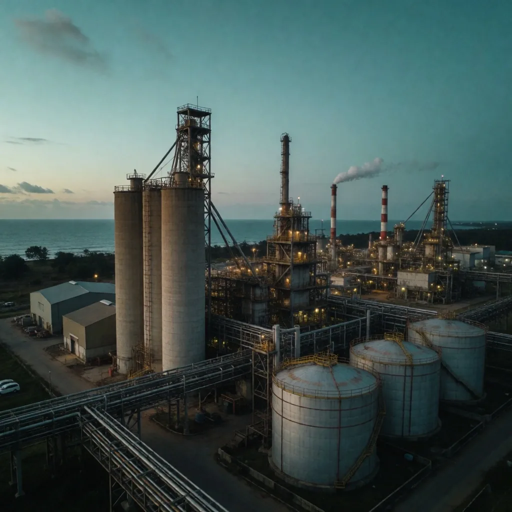Complejo industrial en la costa keniana al atardecer