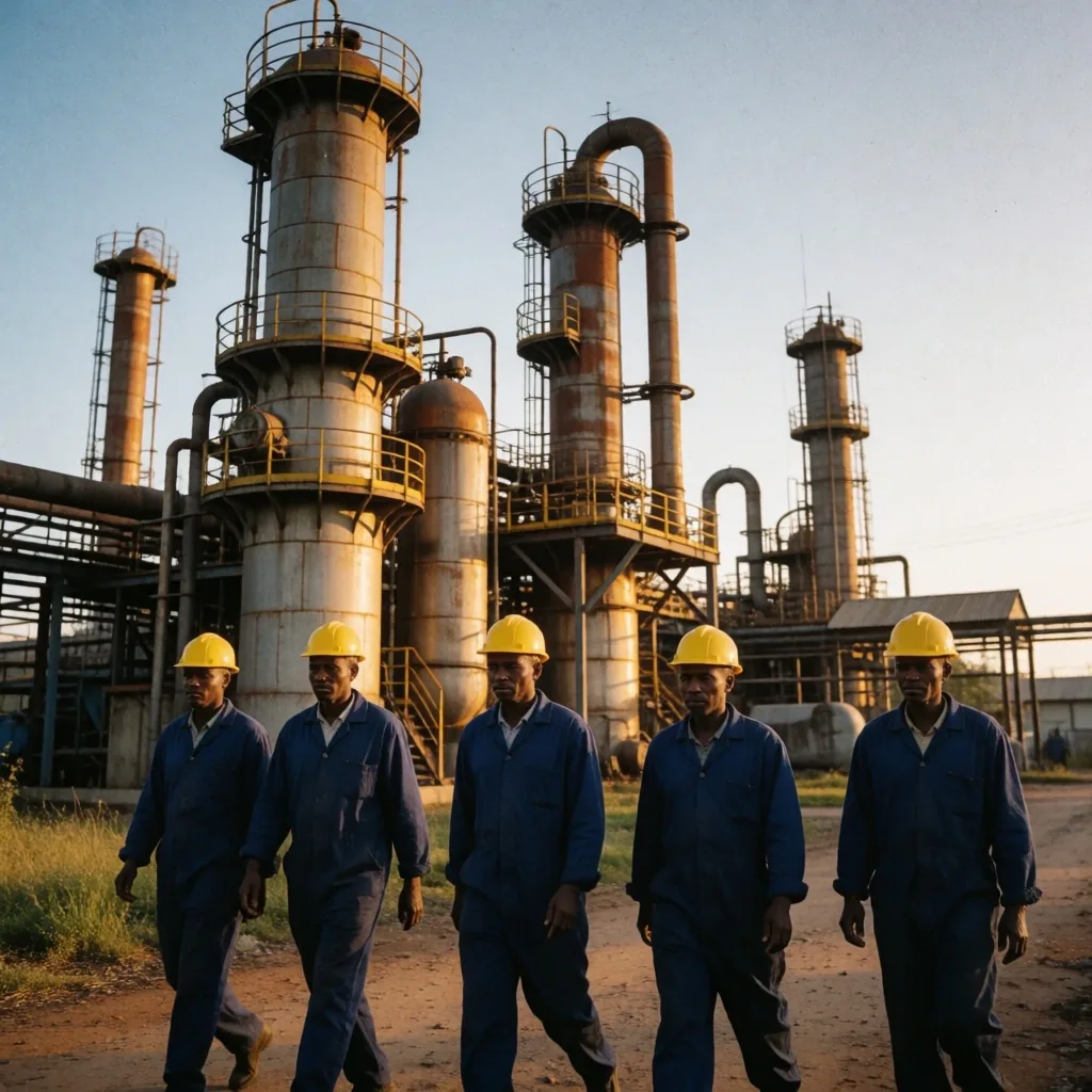 Trabajadores industriales en el complejo químico keniano