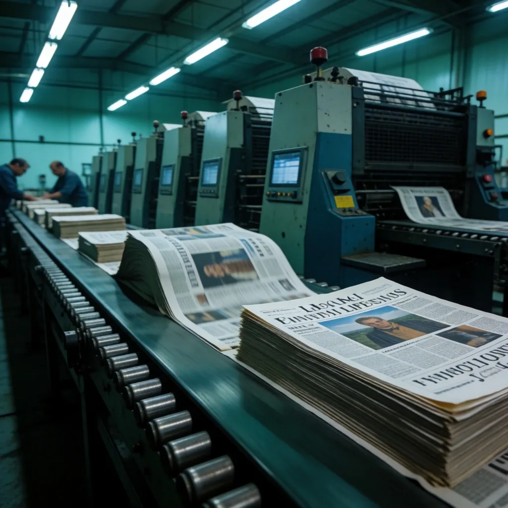 Prensa imprimiendo un periódico financiero al amanecer