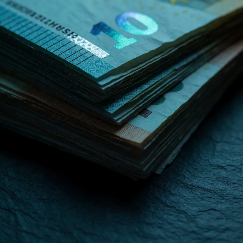 Billetes de euro sobre superficie industrial oscura