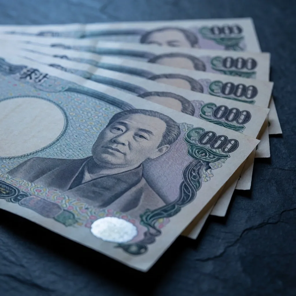 Billetes de yen japonés sobre superficie oscura