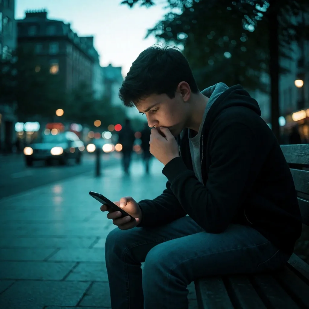 Adolescente sosteniendo un teléfono con expresión de preocupación