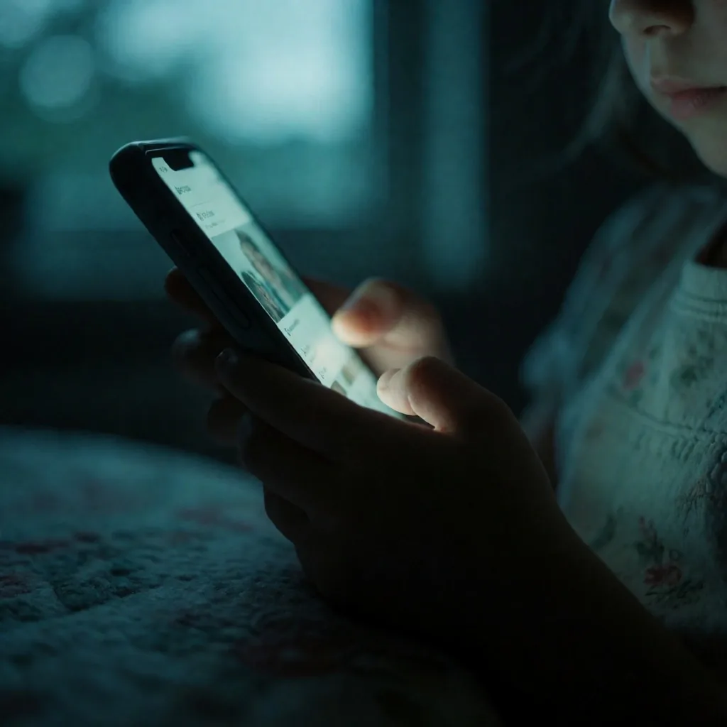 Manos de un niño sosteniendo un teléfono móvil en un cuarto con luz tenue