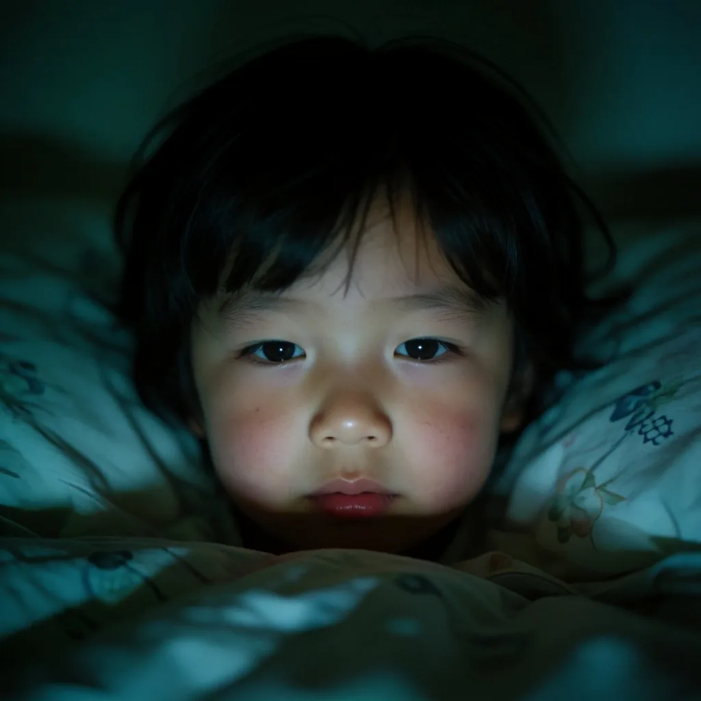 Niño mirando una tableta en una habitación oscura con reflejo azul de la pantalla