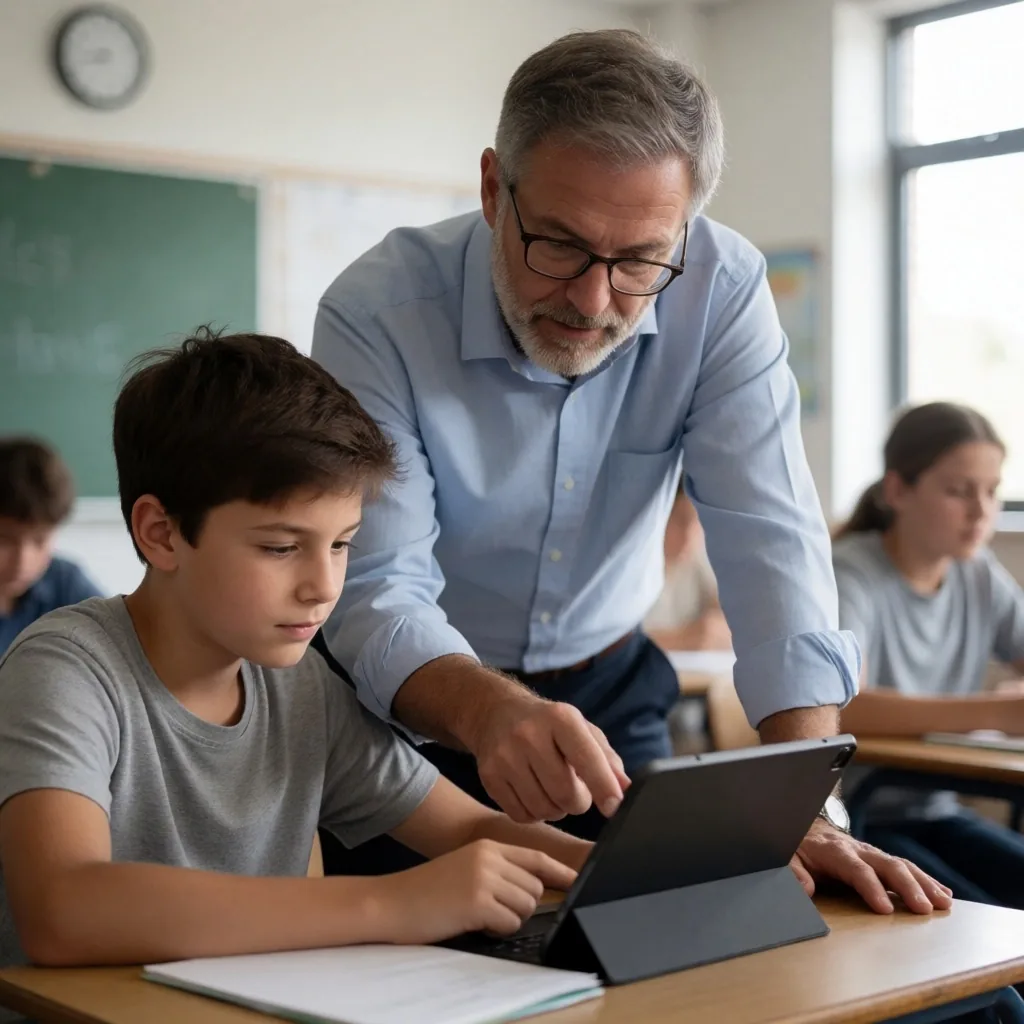 Padre e hijo mirando juntos una computadora portátil en una mesa de cocina