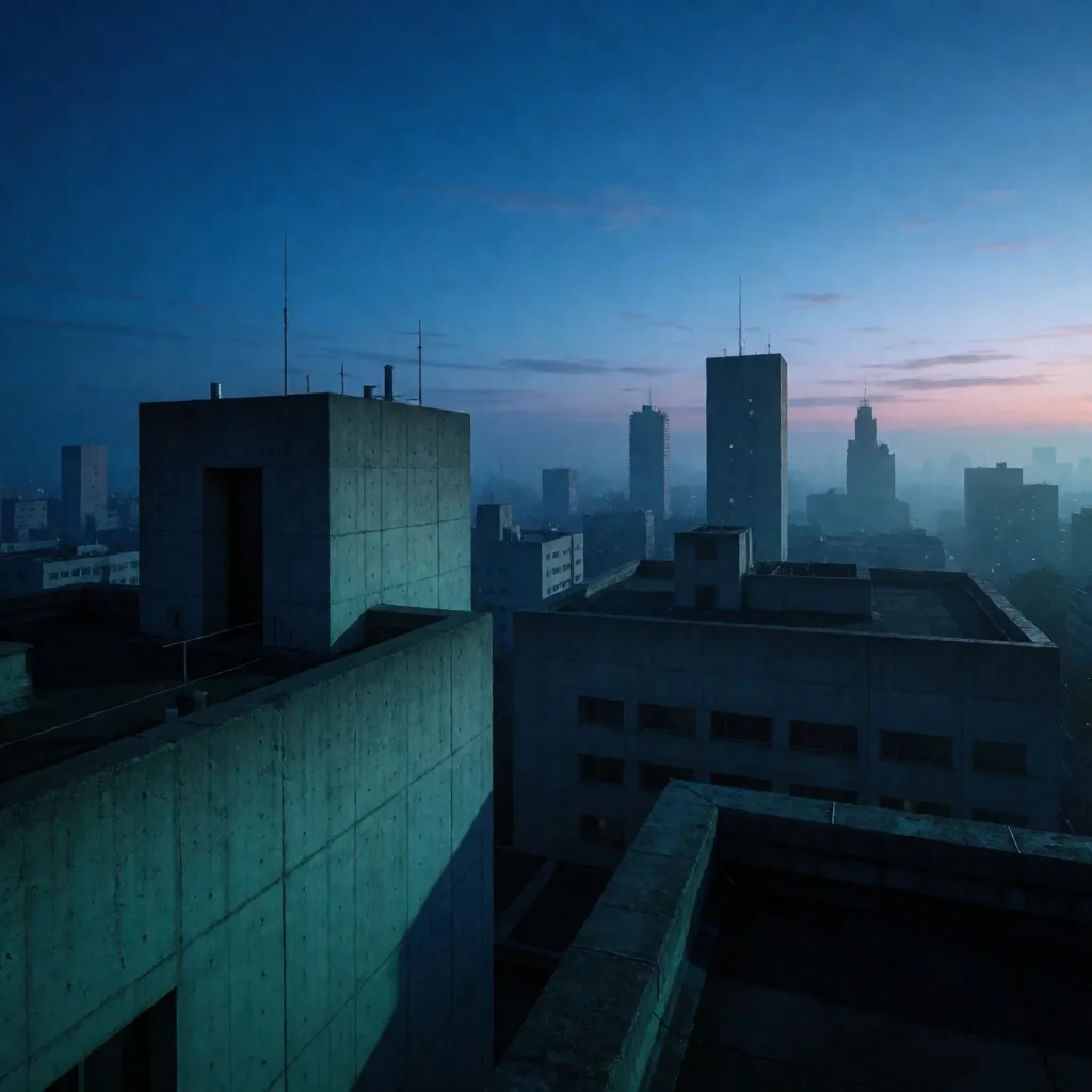 Amanecer sobre una ciudad con arquitectura brutalista