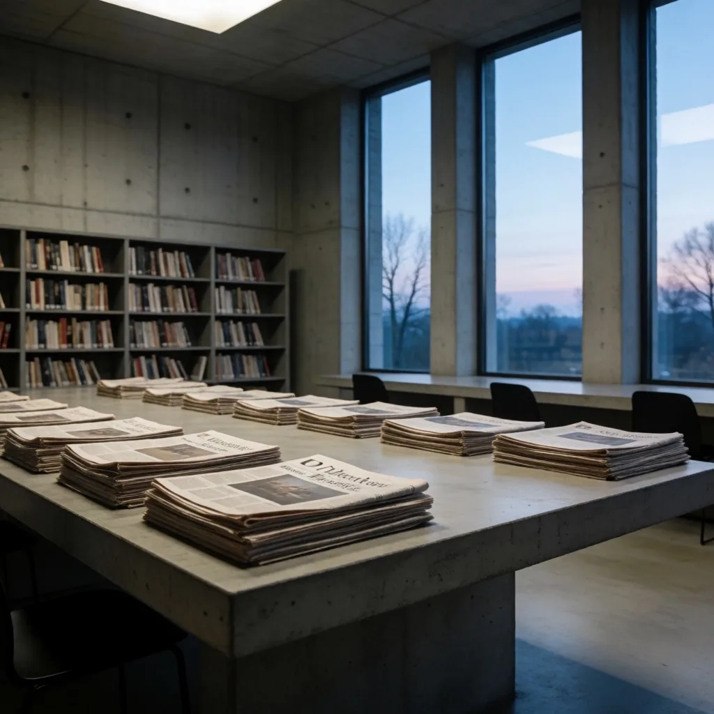 Sala de lectura al amanecer con periódicos sobre la mesa