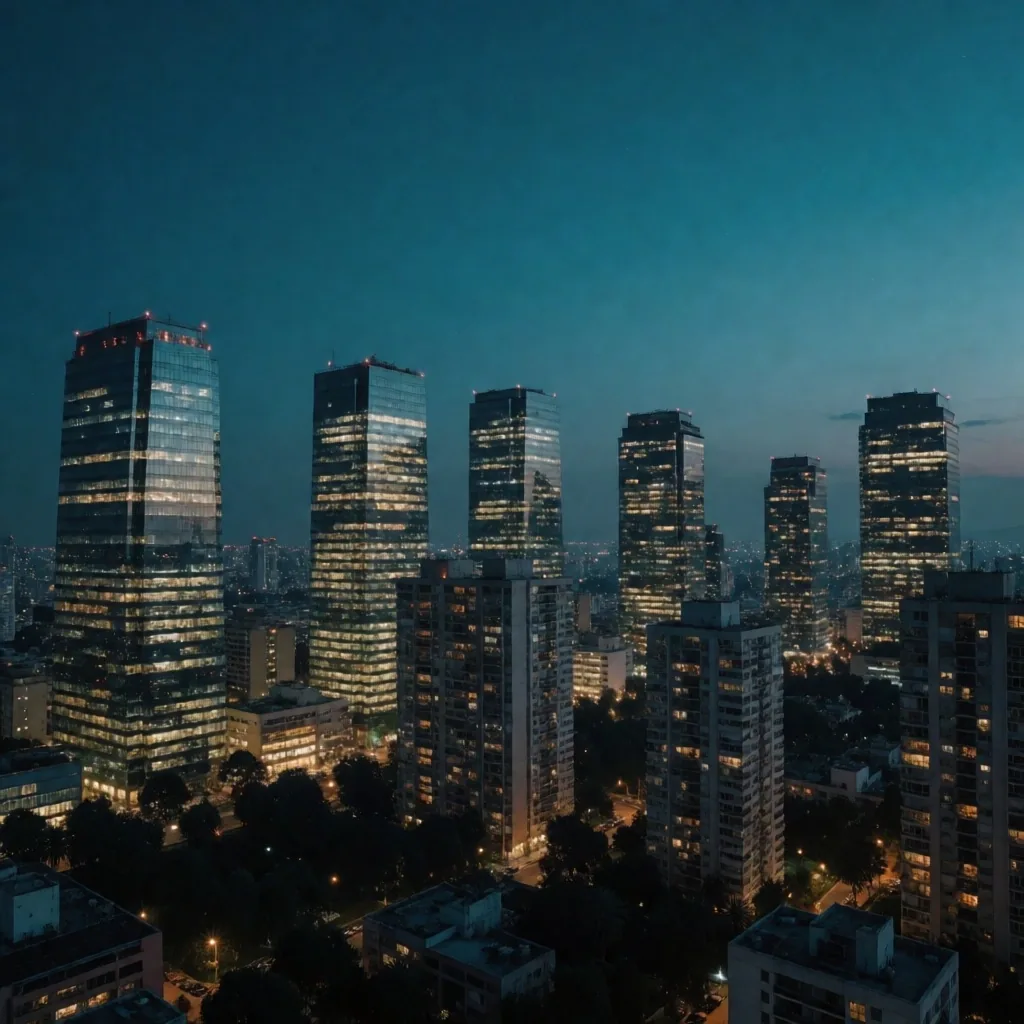 Skyline urbano al crepúsculo azul
