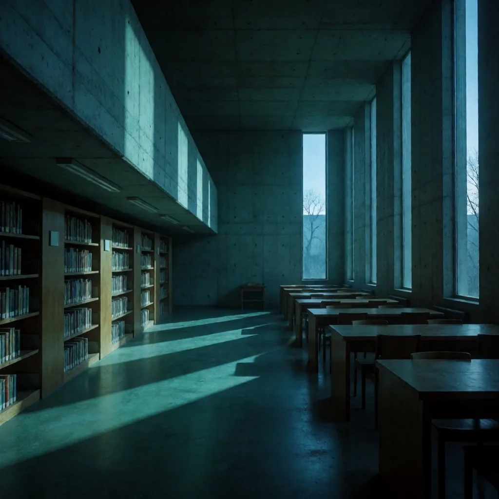 Interior de biblioteca brutalista al amanecer